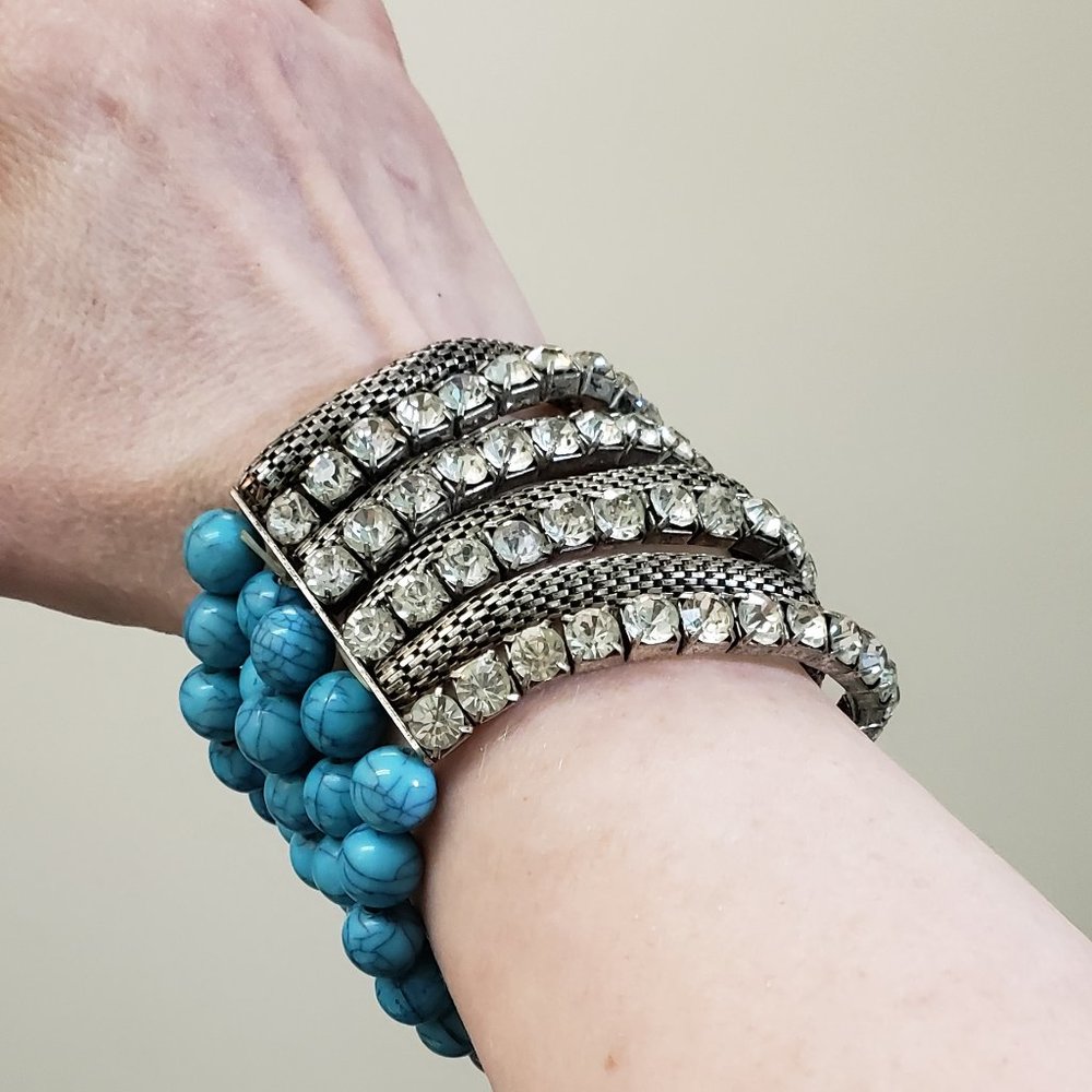 Vintage, large multi turquoise beaded, multi strand, rhinestone stretch bracelet